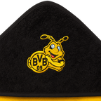 Écharpe à capuche noire du Borussia Dortmund, 75 x 75 cm, avec bordure jaune, motif EMMA brodé et logo du BVB, idéale pour les enfants et les supporters.