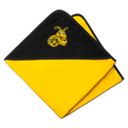Foulard à capuche du BVB à rayures noires et jaunes, avec motif EMMA et logo du BVB, idéal pour les supporters et les enfants, dimensions : 75 x 75 cm.