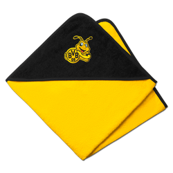 Sciarpa con cappuccio del BVB a strisce nere e gialle con motivo EMMA e logo BVB, ideale per i tifosi e i bambini, dimensioni 75 x 75 cm.