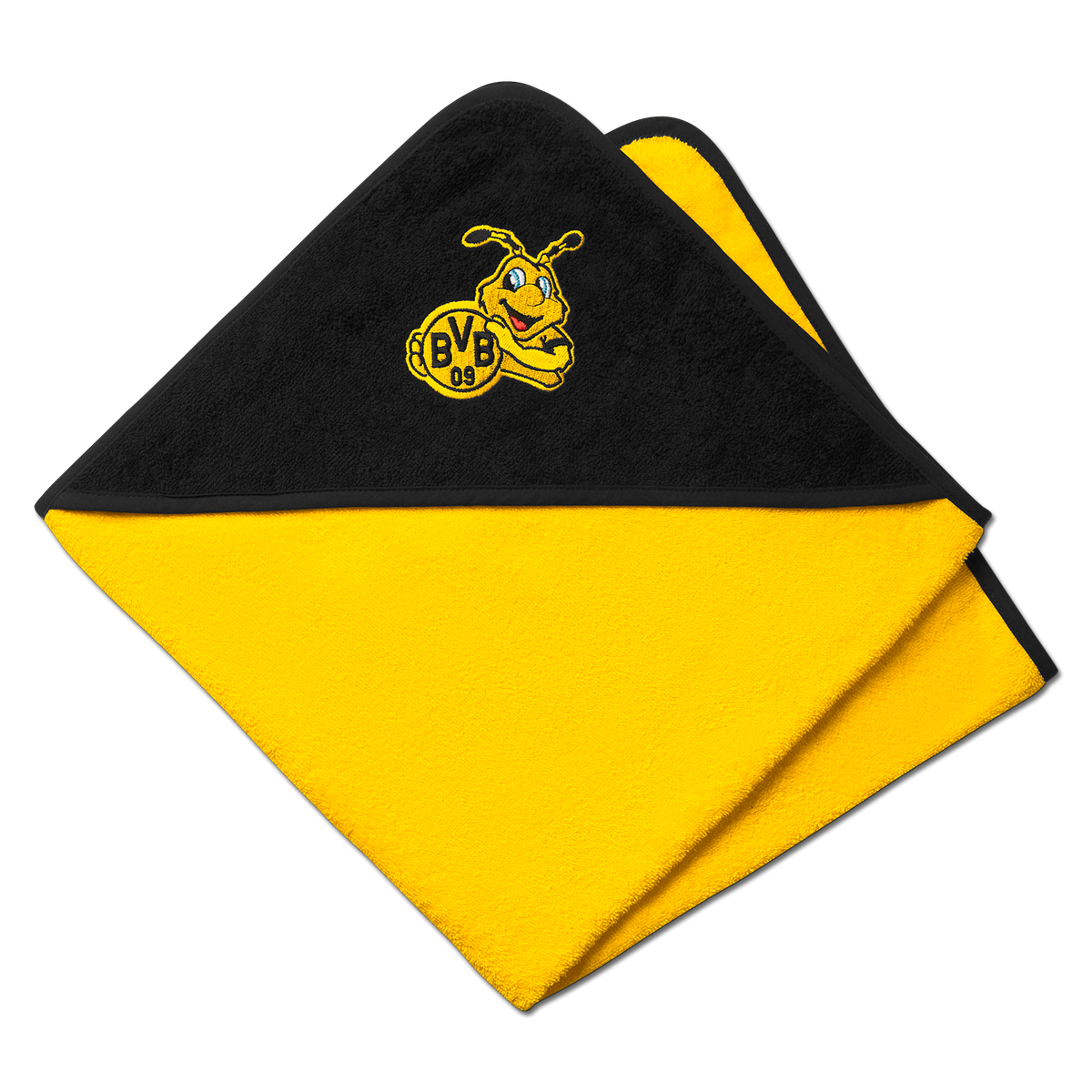 Schwarzgelb gestreiftes BVB-Kapuzentuch mit EMMA-Motiv und BVB-Logo, ideal für Fans und Kinder, Größe 75 x 75 cm.