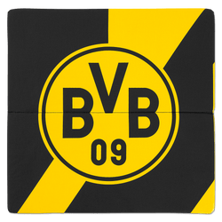 El cojín plegable para asientos del estadio del BVB, con diseño en negro y amarillo y un gran logotipo del BVB, ofrece comodidad para las visitas al estadio y los eventos.
