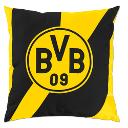 Coussin BVB aux couleurs noir et jaune, orné du logo bien visible du club, idéal comme décoration d'intérieur pour les supporters du Borussia Dortmund.