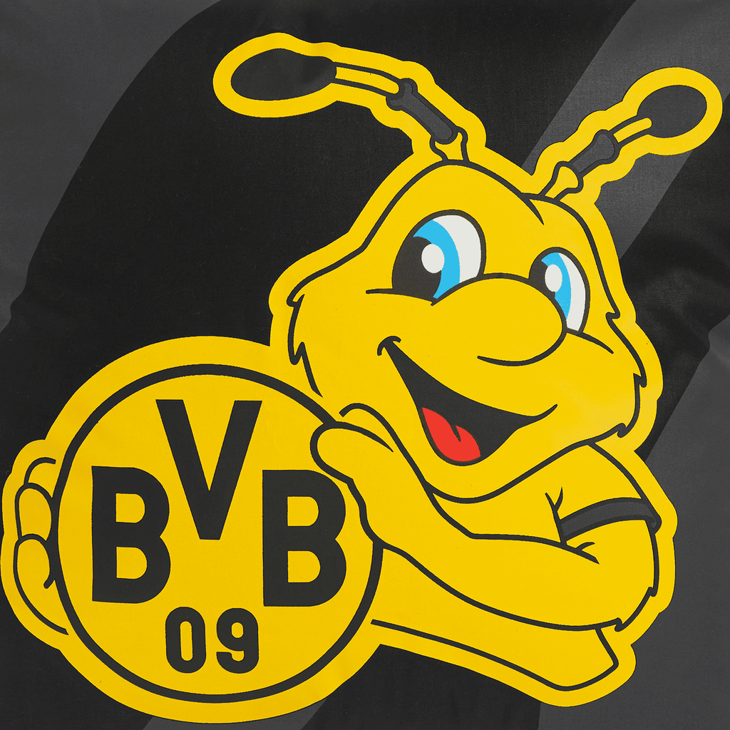 这款黑色和黄色相间的多特蒙德（BVB）抱枕印有吉祥物EMMA，是多特蒙德足球俱乐部球迷的必备周边。