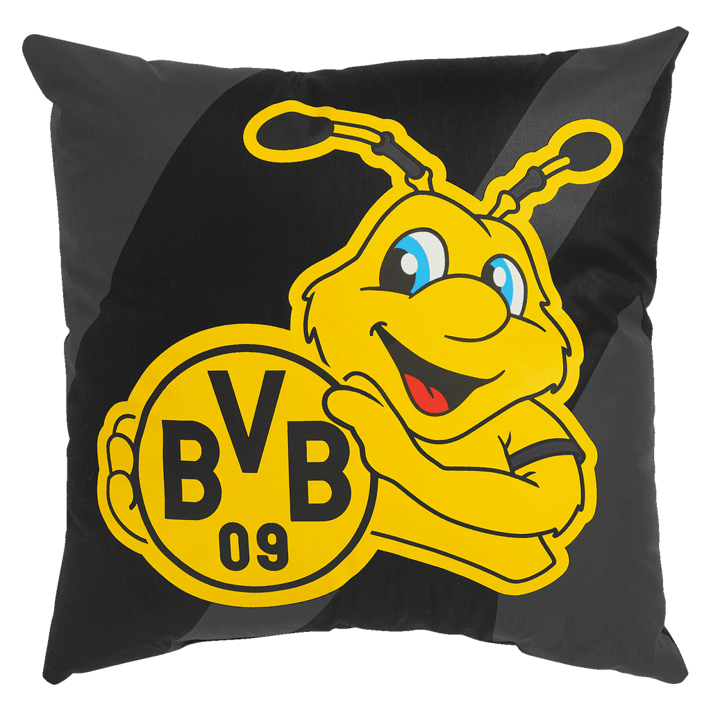 这款黑色与黄色相间的多特蒙德（BVB）抱枕印有多特蒙德队吉祥物EMMA的图案，是球迷周边和装饰品的理想之选。