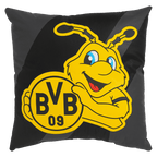 Schwarzgelbes BVB-Kissen mit EMMA, dem Maskottchen von Borussia Dortmund, ideal als Fanartikel und Dekoration geeignet.
