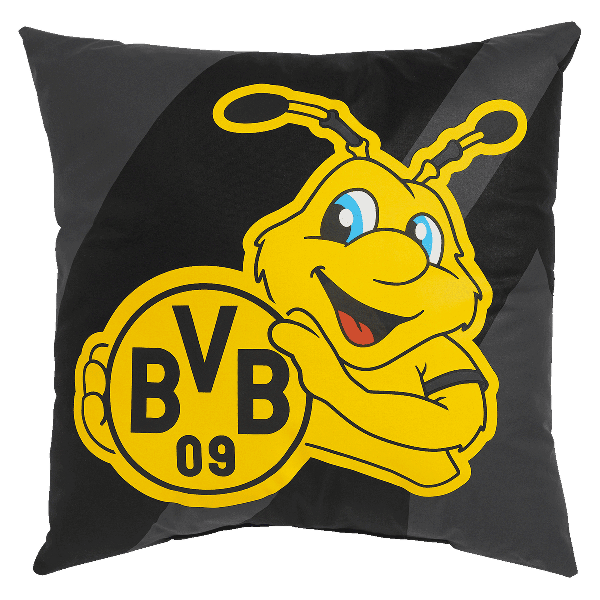 Schwarzgelbes BVB-Kissen mit dem Maskottchen EMMA und dem BVB 09-Logo, ein gemütliches Fan-Accessoire für Zuhause.