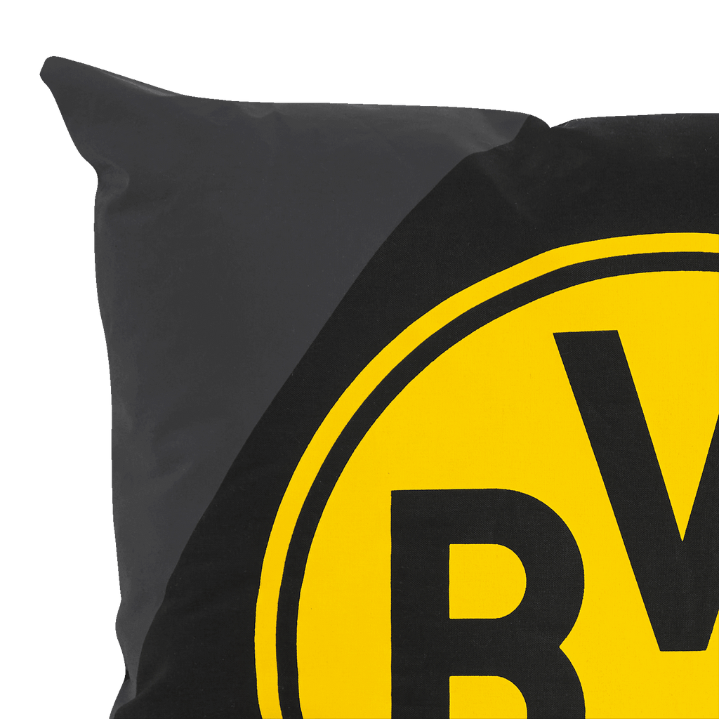 Cuscino nero e giallo del BVB con un grande logo del BVB, ideale come decorazione per la casa dei tifosi del Borussia Dortmund.