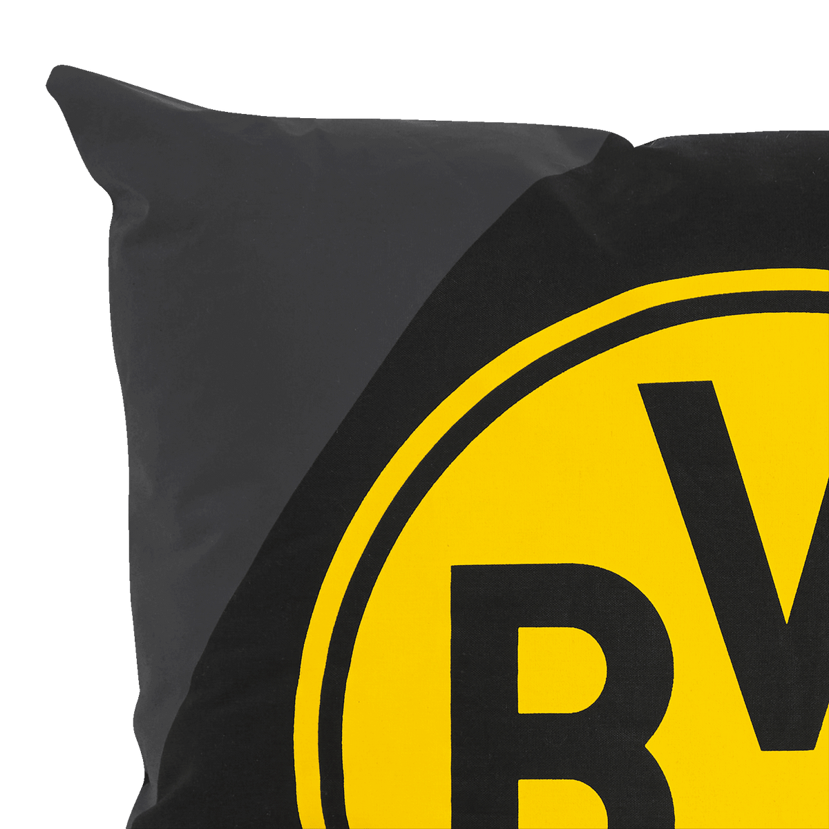 Schwarzgelbes BVB-Kissen mit großem BVB-Logo, ideal als Heimdekoration für Fans von Borussia Dortmund.