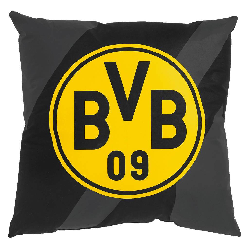 Schwarzgelbes BVB-Kissen mit großem BVB 09-Logo, ideal als Fanartikel und Dekoration für Zuhause.