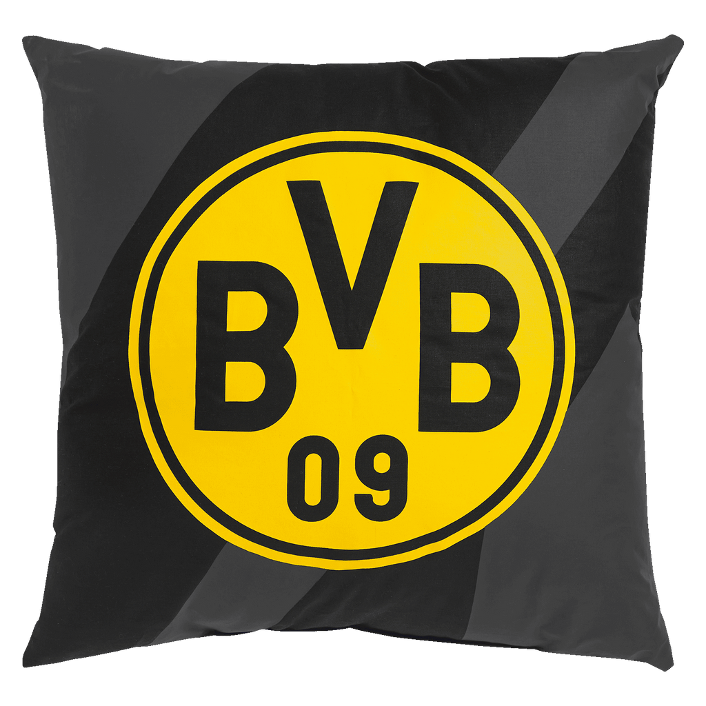 Cuscino del BVB nei colori nero e giallo con un grande logo BVB 09, ideale come gadget per i tifosi o come decorazione per la casa per gli appassionati del Borussia Dortmund.
