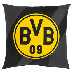 Coussin noir et jaune du BVB orné d'un grand logo « BVB 09 », idéal comme article de fan ou comme décoration d'intérieur pour les supporters du Borussia Dortmund.