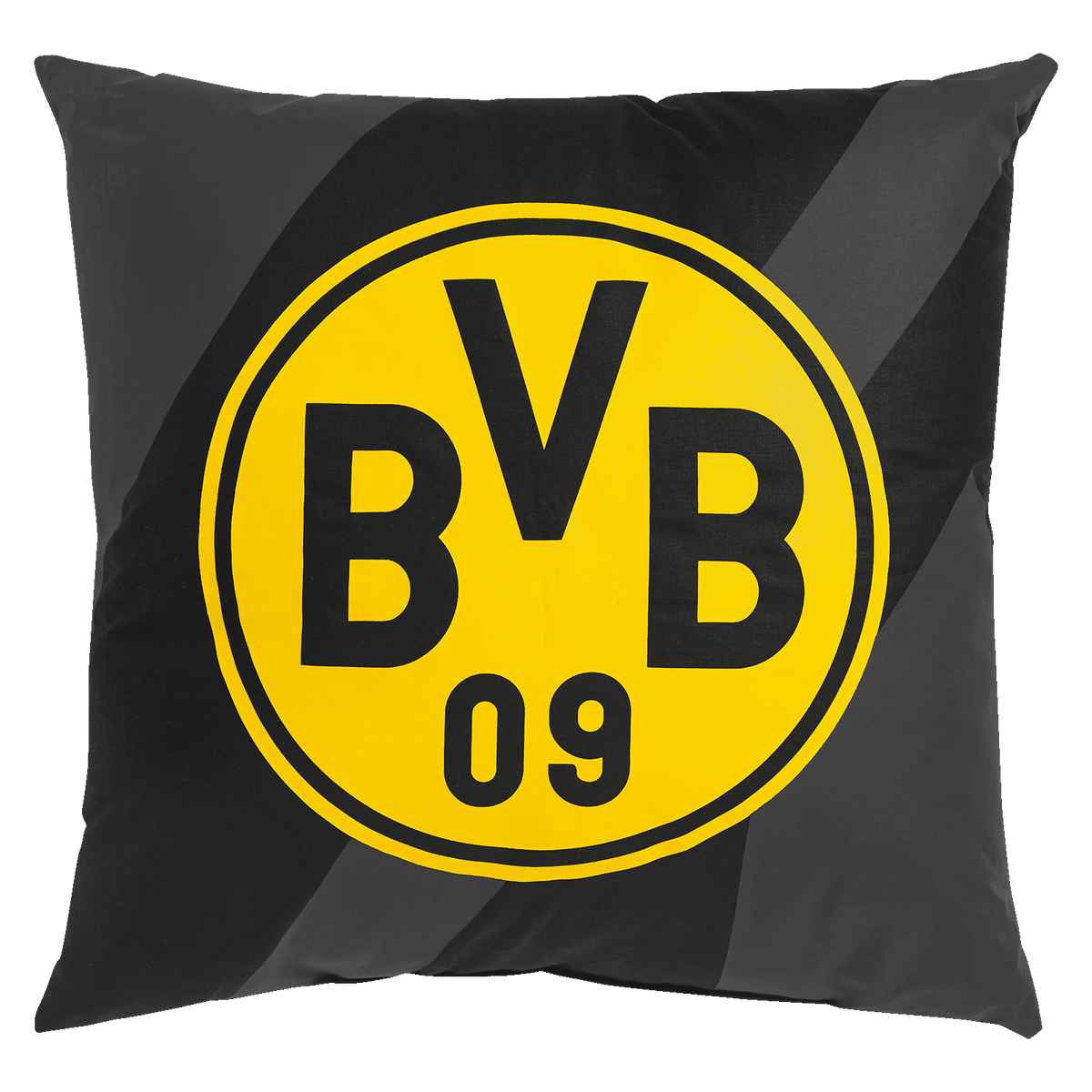 Schwarzgelbes BVB-Kissen mit großem BVB 09-Logo, ideal als Fanartikel oder Heimdekoration für Fans von Borussia Dortmund.