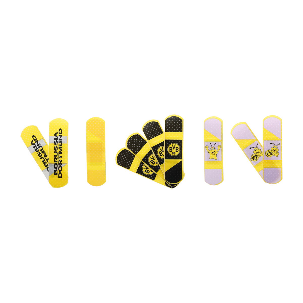 Set da 10 cerotti del BVB con disegni nei colori nero e giallo, logo del BVB e motivo EMMA, ideali per i tifosi del Borussia Dortmund.