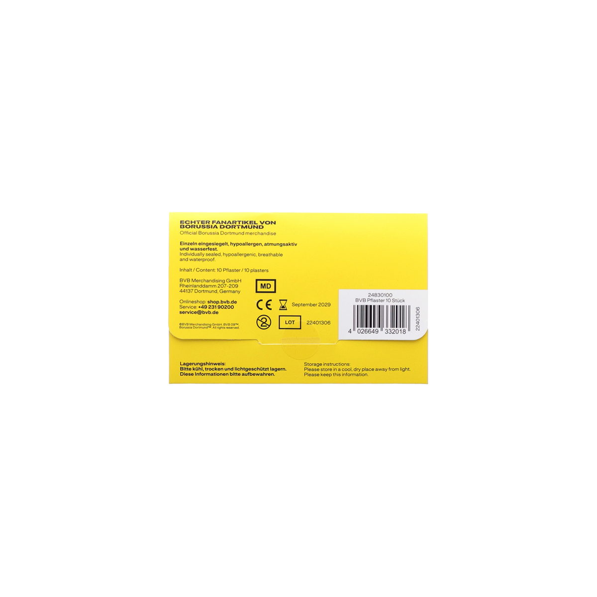 Confezione gialla con il logo del BVB e la scritta “Articolo ufficiale per i tifosi del Borussia Dortmund”, contenente 10 cerotti ipoallergenici e impermeabili.
