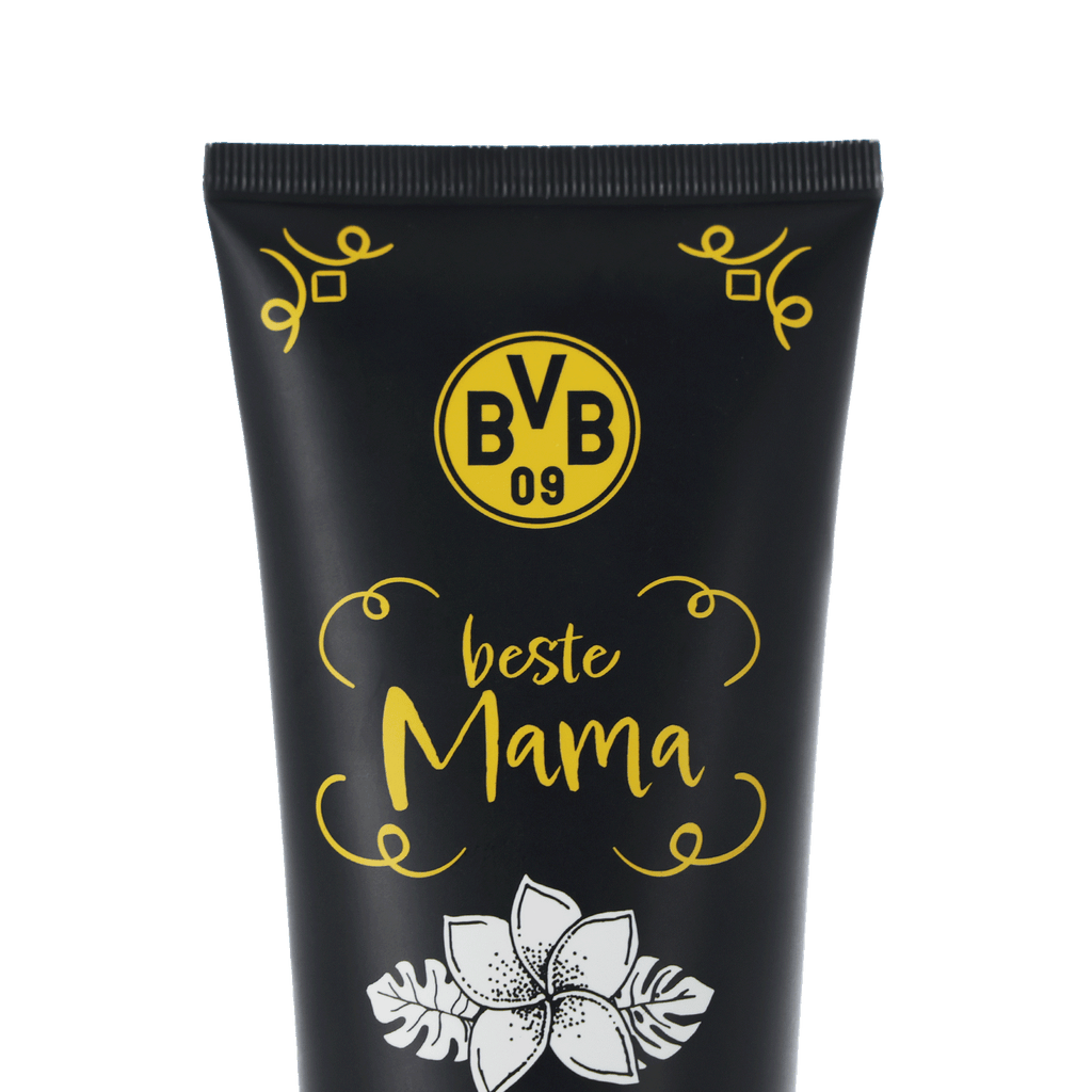 Gel doccia “Beste Mama” del Borussia Dortmund con design BVB nei colori nero e giallo e motivo floreale, vista frontale.