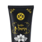 Gel doccia “Beste Mama” del Borussia Dortmund con design BVB nei colori nero e giallo e motivo floreale, vista frontale.