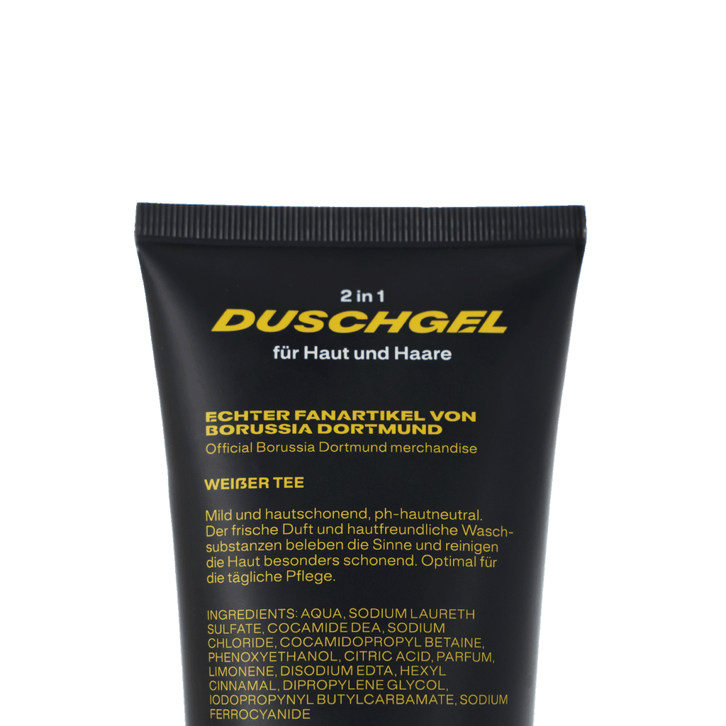 Gel doccia 2 in 1 per pelle e capelli con marchio Borussia Dortmund, formula delicata, profumo di tè bianco, adatto alla cura quotidiana.