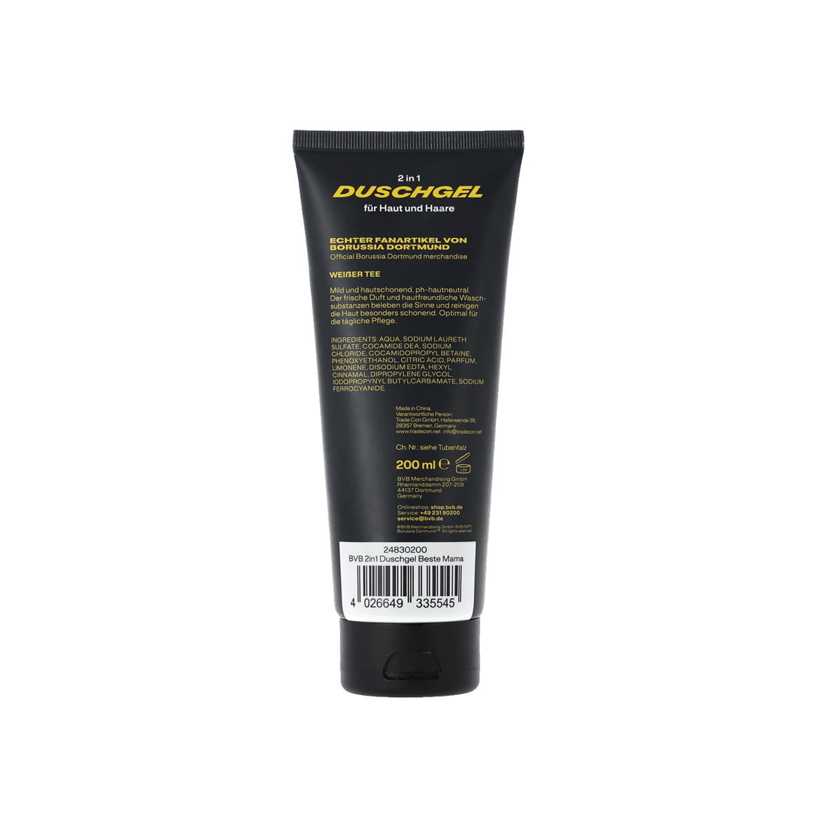Tubo nero del gel doccia 2 in 1 per pelle e capelli, gadget del Borussia Dortmund, con tè bianco e la scritta “Beste Mama”.