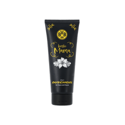 Vista frontal de un tubo negro de gel de ducha con el logotipo del BVB 09, la inscripción «beste Mama» y detalles de diseño en amarillo, ideal como regalo.