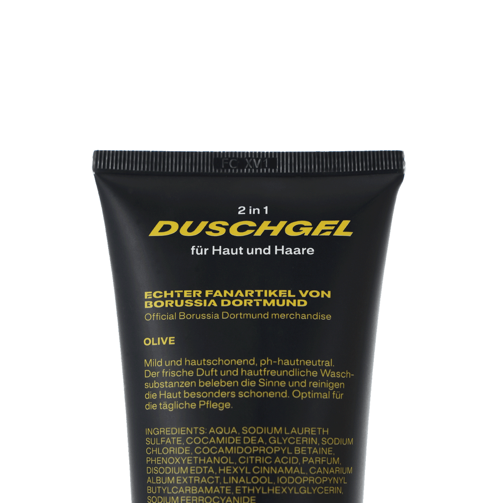 2-in-1 shower gel for skin and hair, official Borussia Dortmund fan merchandise, black-and-yellow tube with mild, skin-friendly properties.