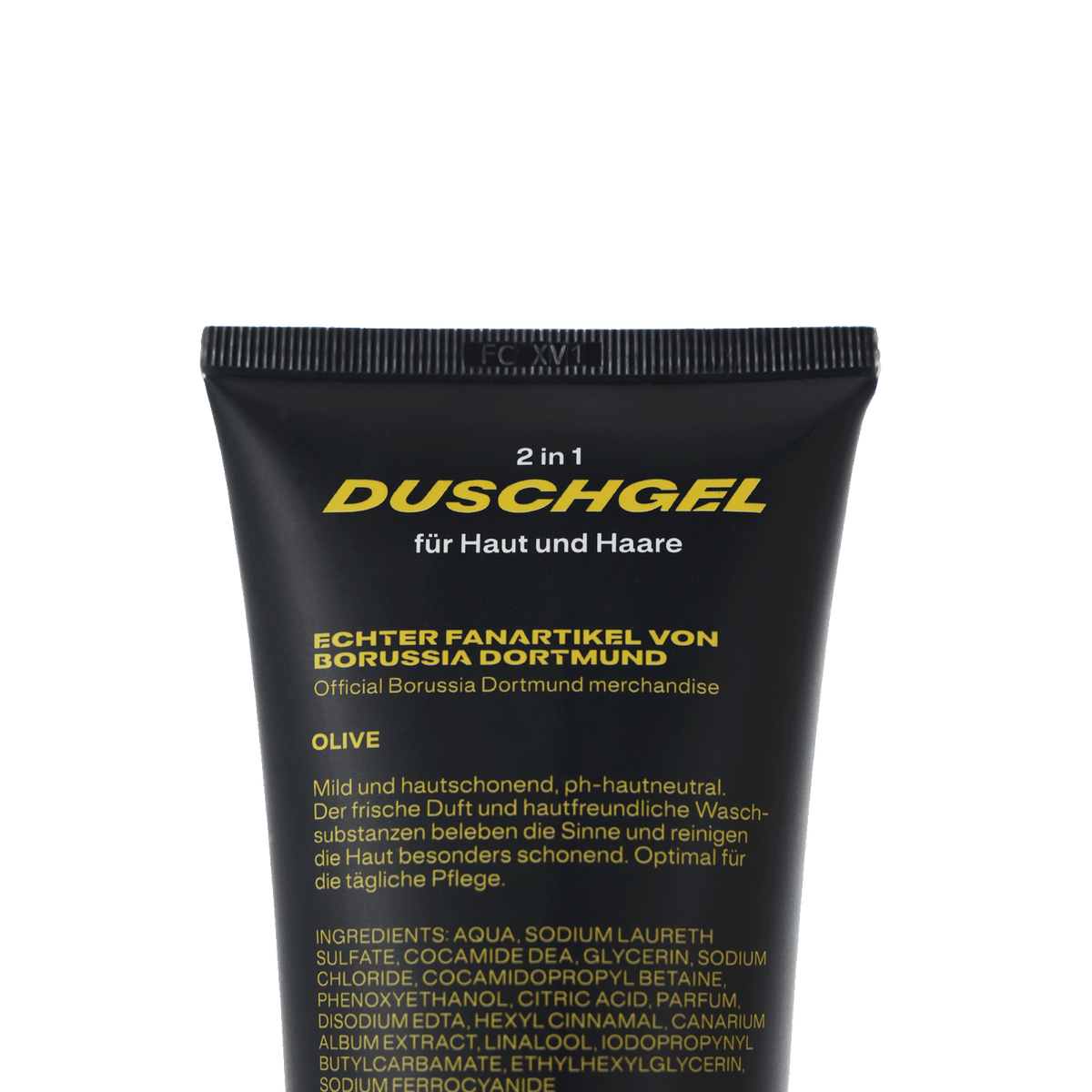 2-in-1 shower gel for skin and hair, official Borussia Dortmund fan merchandise, black-and-yellow tube with mild, skin-friendly properties.