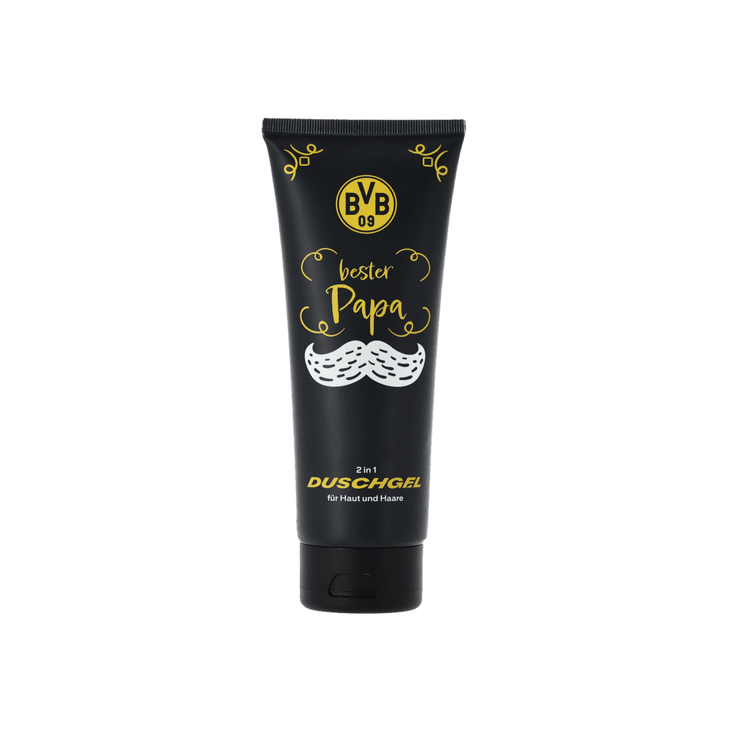 Gel douche 2 en 1 BVB pour la peau et les cheveux, présenté dans un tube noir orné de motifs jaunes et du logo BVB. Idéal comme cadeau pour le meilleur des papas.