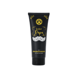 Gel doccia 2 in 1 del BVB per pelle e capelli, in tubetto nero con elementi decorativi gialli e logo del BVB. Ideale come regalo per il papà più speciale.