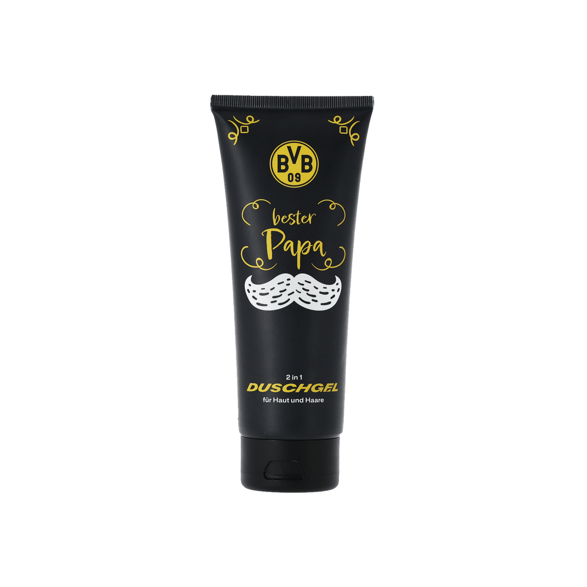 2-in-1 BVB Duschgel für Haut und Haare in schwarzer Tube mit gelben Designelementen und BVB-Logo. Ideal als Geschenk für den besten Papa.