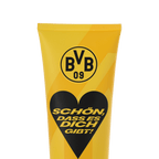 Yellow packaging featuring the BVB logo, a black heart design, and the text "We're so glad you're here!" for Borussia Dortmund fans.