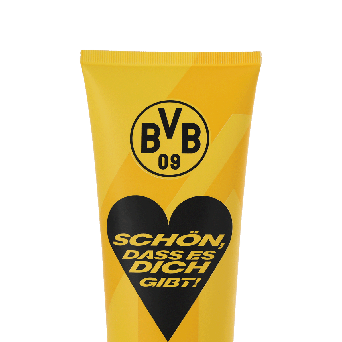 Gelbe Verpackung mit BVB-Logo, schwarzem Herz-Design und Text 'Schön, dass es dich gibt!' für Borussia Dortmund Fans.