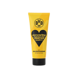 BVB 2-in-1-Duschgel für Haut und Haare, schwarzgelbes Design mit Herzmotiv, Vorderansicht.