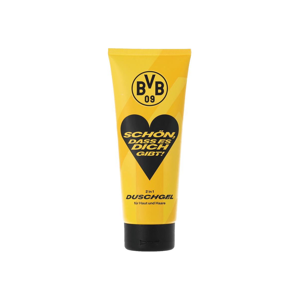 Gel douche 2 en 1 BVB pour la peau et les cheveux, design noir et jaune avec motif en forme de cœur, vue de face.