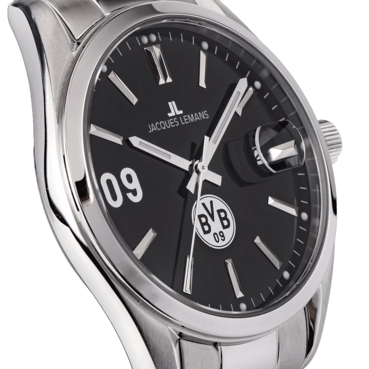Elegante BVB-Uhr mit schwarzem Zifferblatt, Edelstahlarmband und prominentem BVB-Emblem, entworfen von Jacques Lemans.