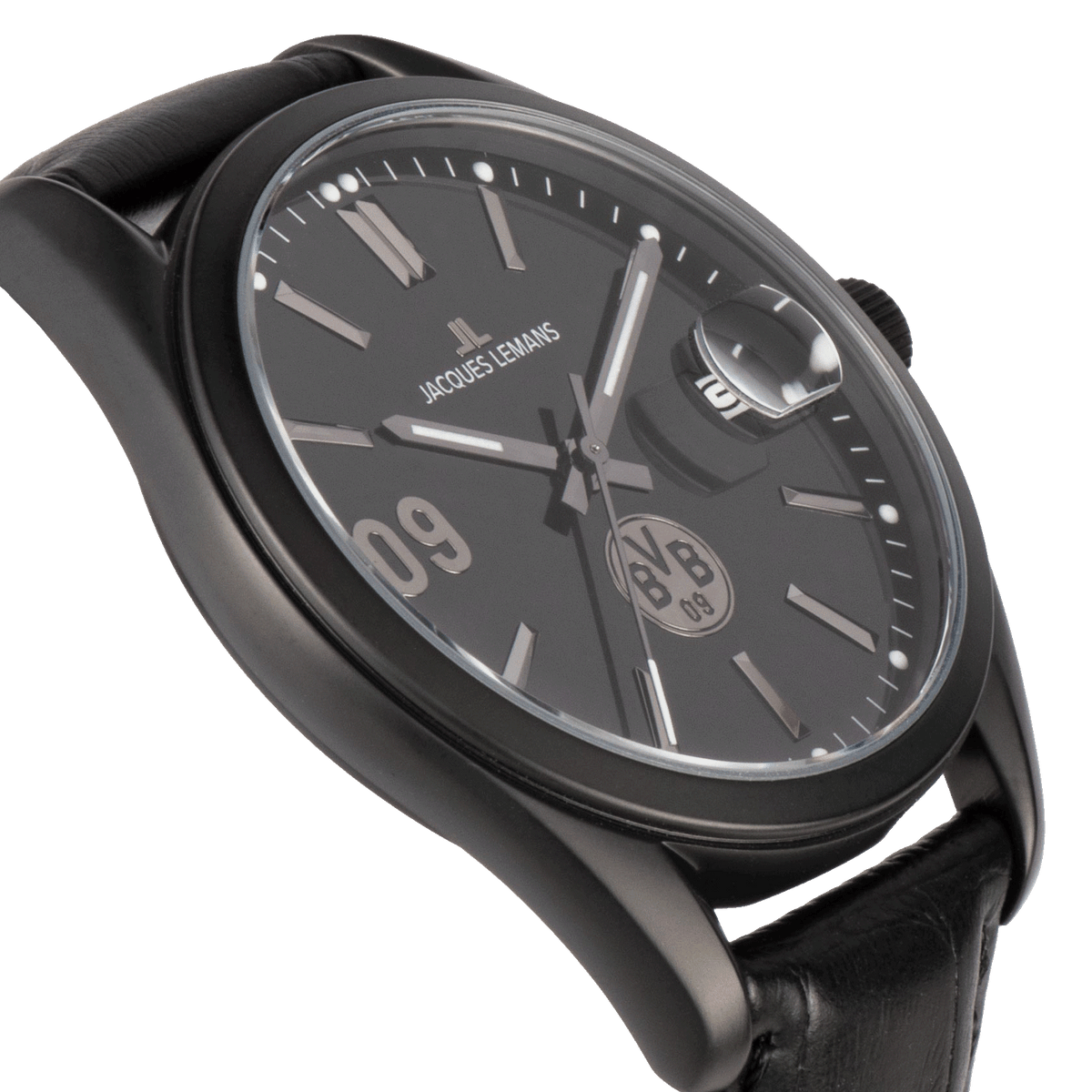 Elegant BVB watch with a black leather strap by Jacques Lemans, featuring a black dial with the BVB logo and minimalist details—perfect as a fan accessory.