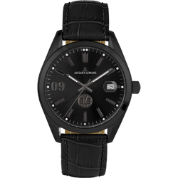 Reloj negro del BVB con correa de piel de Jacques Lemans. Diseño elegante con el logotipo del BVB y indicador de fecha.