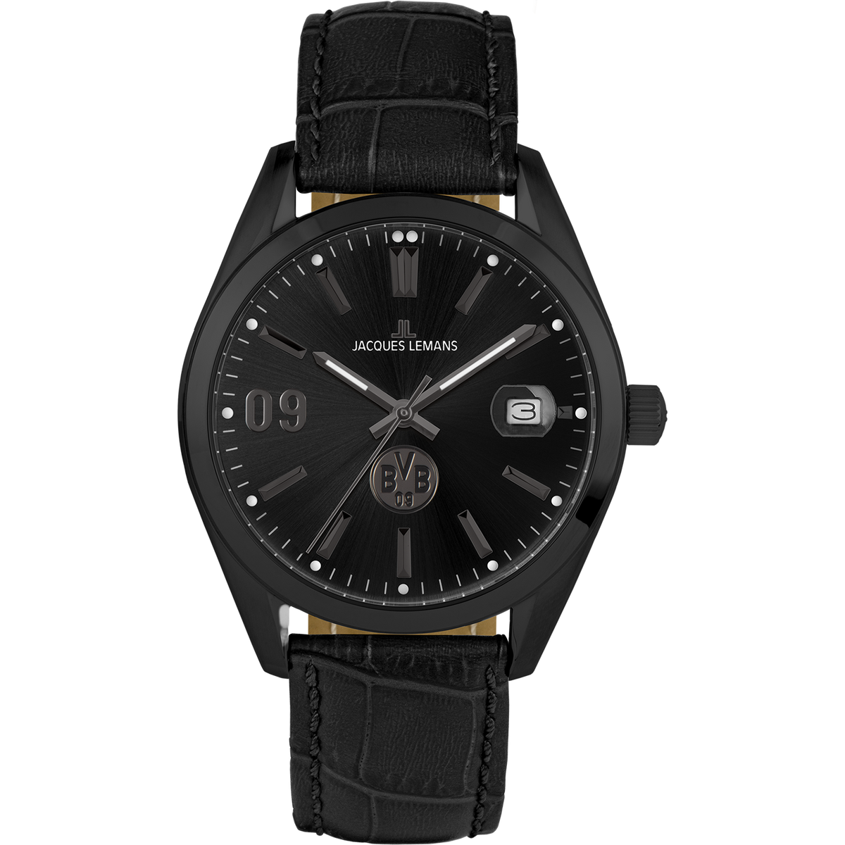 Reloj negro del BVB con correa de piel de Jacques Lemans. Diseño elegante con el logotipo del BVB y indicador de fecha.