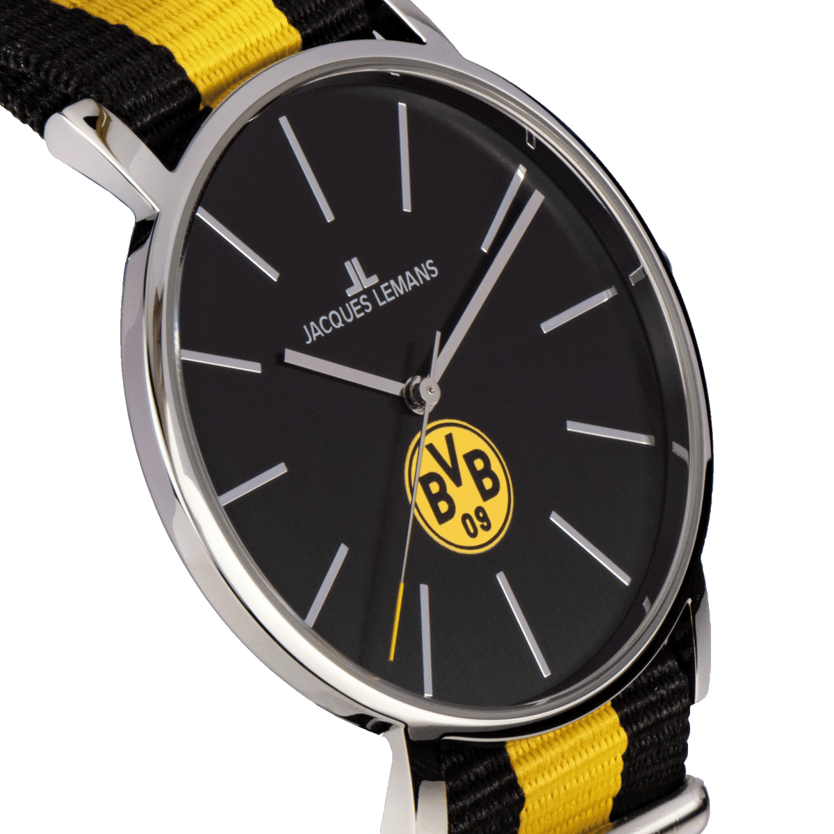 Schwarze BVB-Uhr von Jacques Lemans mit minimalistischem Design, schwarzgelbem Nylonarmband und prominentem BVB-Logo auf dem Ziffernblatt.