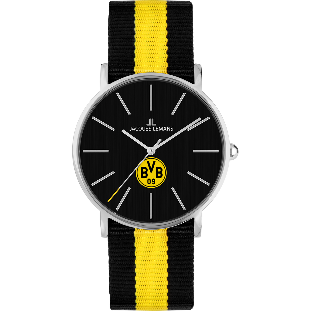 Elegante orologio da polso del BVB firmato Jacques Lemans con quadrante nero, lancette e indici argentati, cinturino in nylon nero e giallo e stemma del BVB.