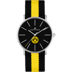 Elegante orologio da polso del BVB firmato Jacques Lemans con quadrante nero, lancette e indici argentati, cinturino in nylon nero e giallo e stemma del BVB.