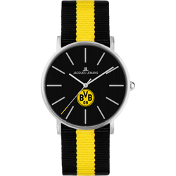 Elegant BVB wristwatch by Jacques Lemans with a black dial, silver hands and hour markers, as well as a black-and-yellow nylon strap and the BVB emblem.