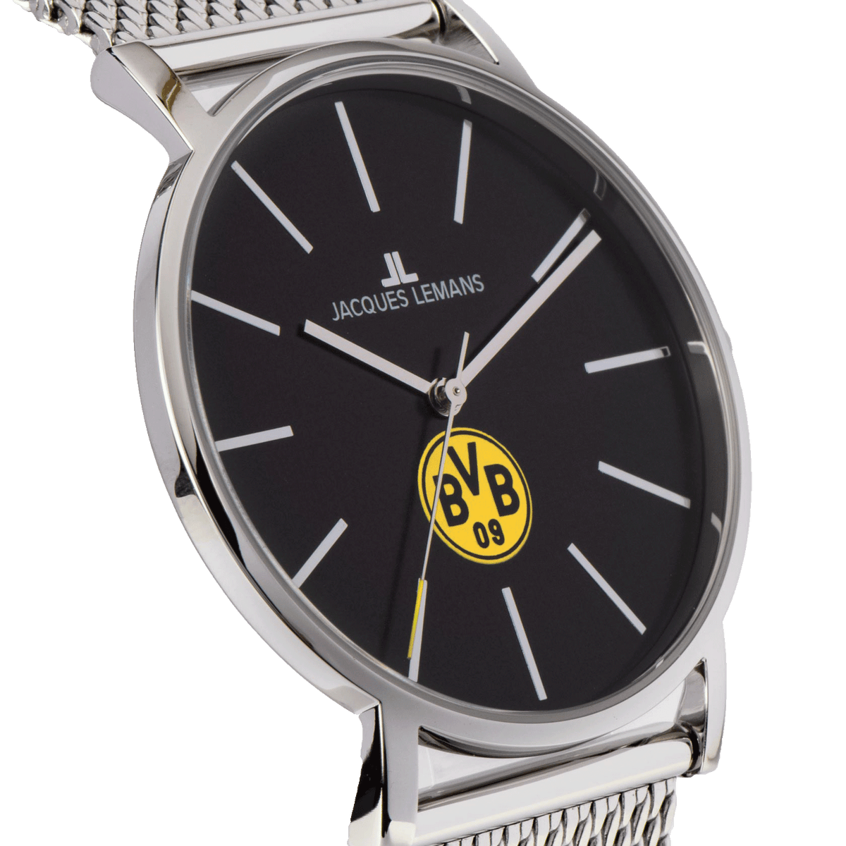 Elegante reloj del BVB para mujer y hombre con esfera negra, correa milanesa de acero inoxidable y logotipo amarillo del BVB, diseñado por Jacques Lemans.