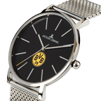 Elegante orologio del BVB firmato Jacques Lemans con cinturino milanese, quadrante nero e stemma giallo del BVB, ideale per i tifosi e per chi ama lo stile.