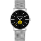Elegante orologio unisex di Jacques Lemans con quadrante nero, logo BVB 09 in giallo e cinturino milanese argentato. Ideale per i tifosi del Borussia Dortmund.