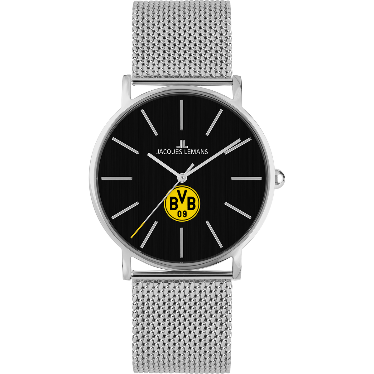 Elegante Unisex-Uhr von Jacques Lemans mit schwarzem Zifferblatt, BVB 09-Logo in Gelb und silbernem Milanaiseband. Ideal für Borussia Dortmund-Fans.