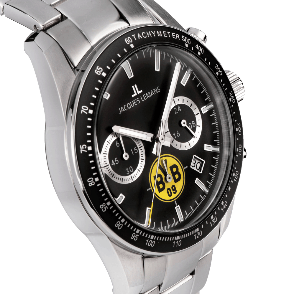 Eleganter BVB Chronograph von Jacques Lemans mit schwarzem Zifferblatt, Edelstahlarmband und BVB-Logo in Gelb-Schwarz. Sportlich und zugleich stilvoll.