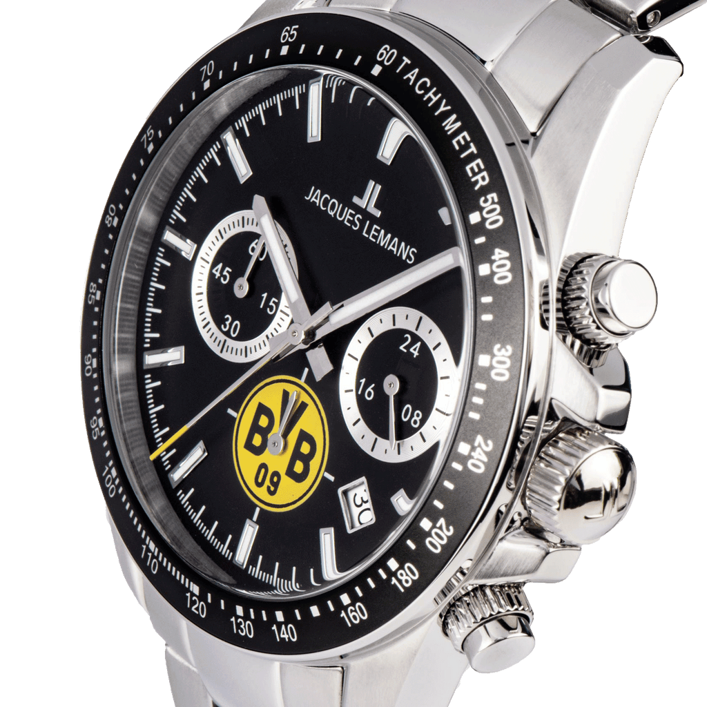 Hochwertiger BVB Chronograph mit Metallarmband von Jacques Lemans, schwarzem Zifferblatt und gelbem Borussia Dortmund 09 Logo.