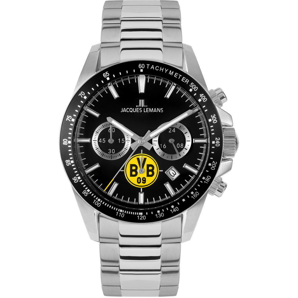 BVB-Chronograph von Jacques Lemans mit schwarzem Ziffernblatt, silbernem Metallband und BVB-Logo.