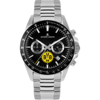 BVB-Chronograph von Jacques Lemans mit schwarzem Ziffernblatt, silbernem Metallband und BVB-Logo.