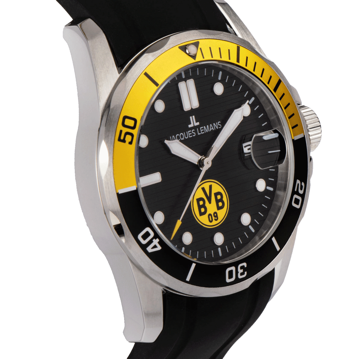 Elegante orologio del BVB con quadrante nei colori nero e giallo, cinturino in silicone di alta qualità e preciso movimento Jacques Lemans. Perfetto per i tifosi del Borussia Dortmund.