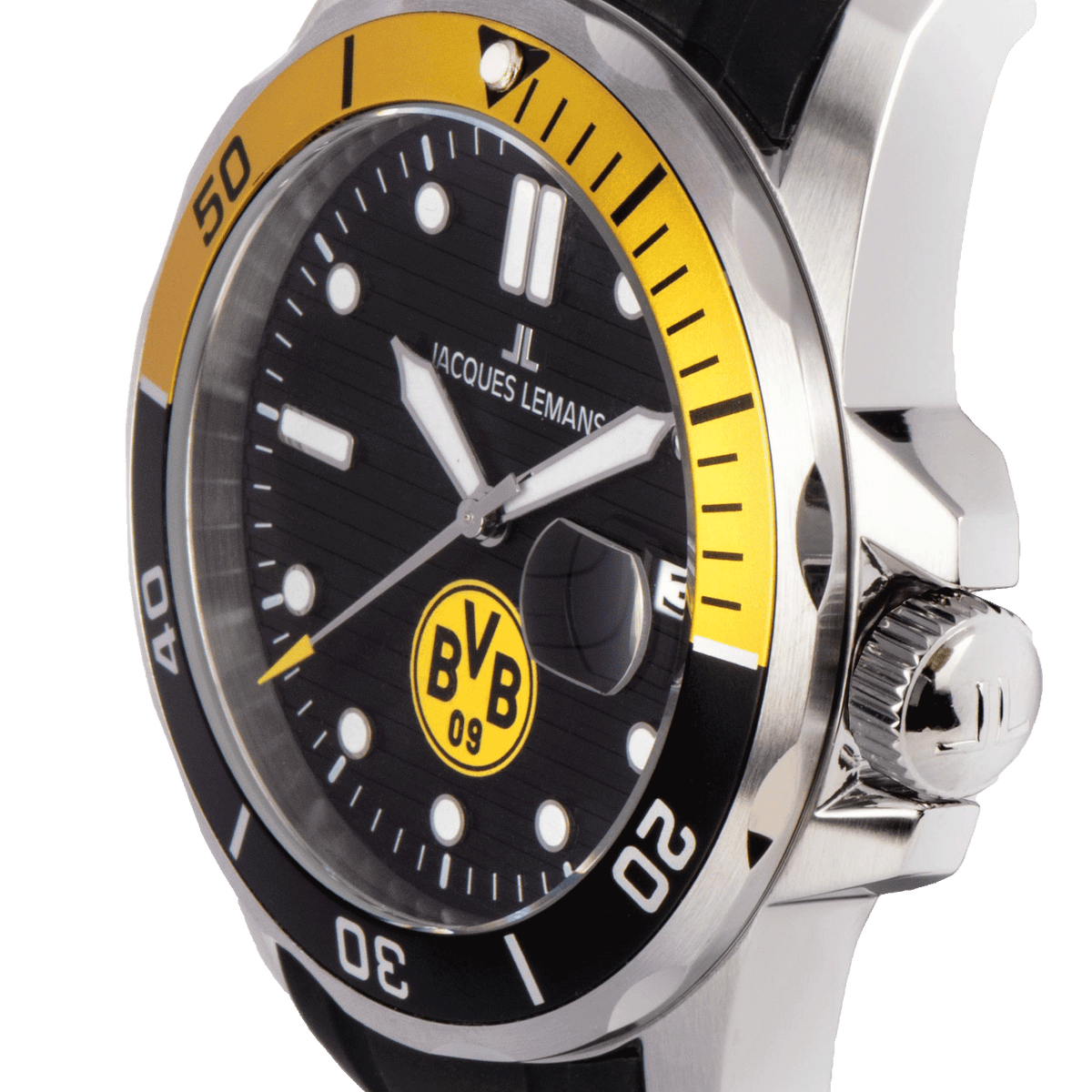 Stylish BVB watch by Jacques Lemans featuring a black-and-yellow design, a durable silicone strap, and a distinctive BVB logo on the dial.